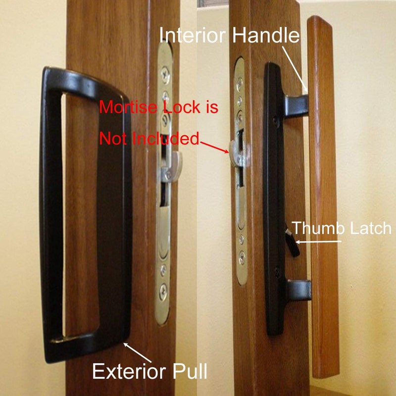 HauSun Mortise Style Reversible Sliding Patio Door Handle Set with Oak Wood Interior Handle and Exterior Pull in White Diecast Finish Fits 3-15/16â€ Screw Hole Spacing, Non-keyed with Latch Locks (Black) - Image 4